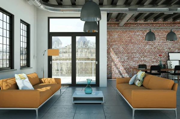 현대 미니 멀 거실 인테리어 소파와 로프트 디자인 스타일 — 스톡 사진