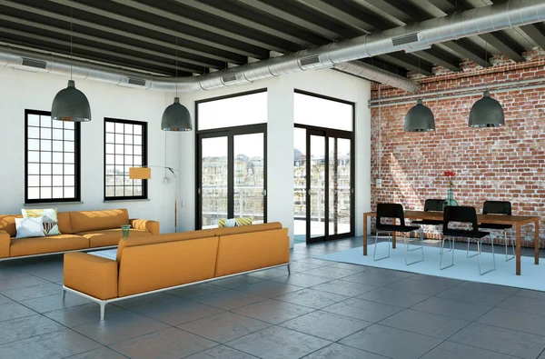 Сучасний мінімалістичний інтер'єр вітальні в стилі лофт з диванами — стокове фото