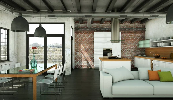 Moderno soggiorno minimalista interno in stile loft design con divani — Foto Stock