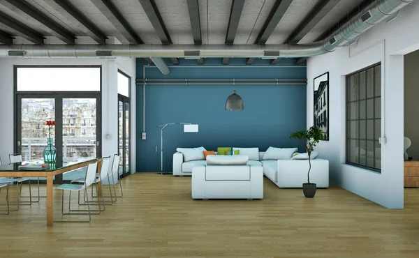 Moderna sala de estar minimalista interior en estilo de diseño loft con sofás — Foto de Stock