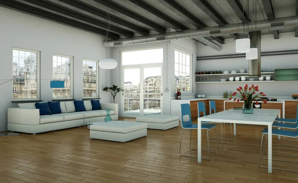Interior ruang tamu minimalis modern dalam gaya desain loteng dengan sofa — Stok Foto