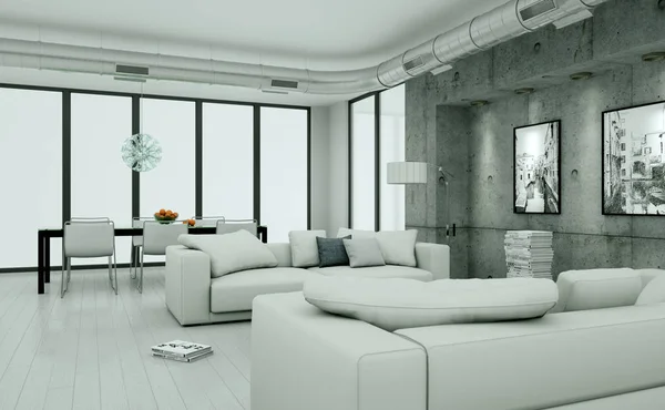 Modern minimalist living room interior in loft design style with sofas