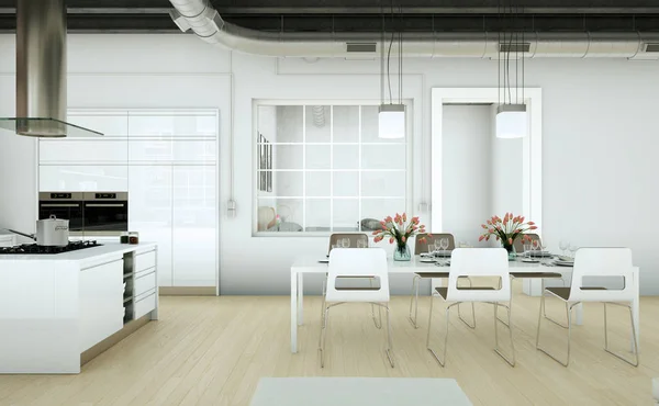 Biały, nowoczesna kuchnia w loft piękny design — Zdjęcie stockowe