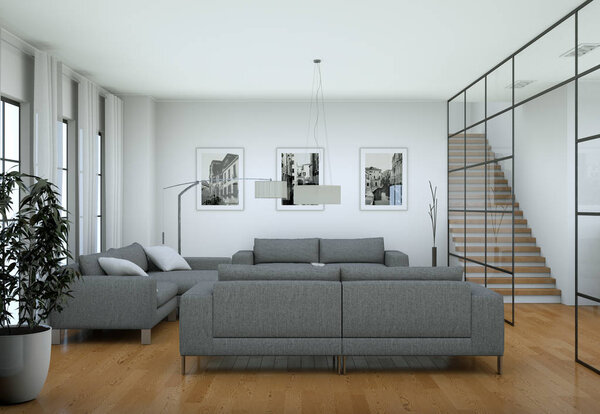 Modern minimalist living room interior in loft design style with sofas