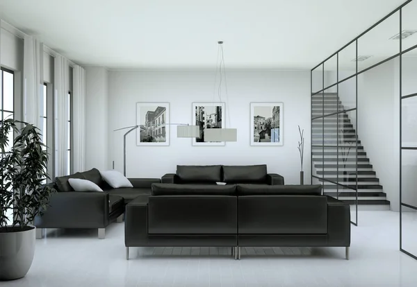 Interiér moderní minimalistický obývací pokoj v podkroví design stylu s pohovkami — Stock fotografie