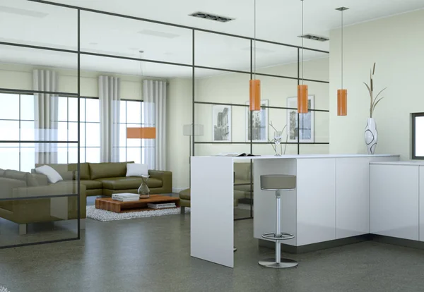 Moderna sala de estar minimalista interior en estilo de diseño loft con sofás —  Fotos de Stock