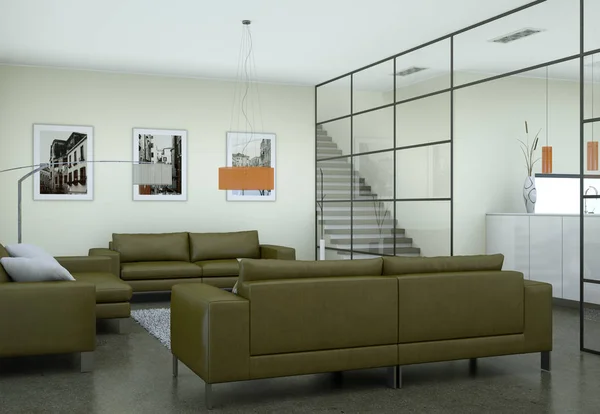 Interior ruang tamu minimalis modern dalam gaya desain loteng dengan sofa — Stok Foto
