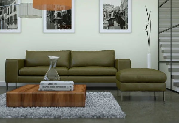 Modern minimalist living room interior in loft design style with sofas