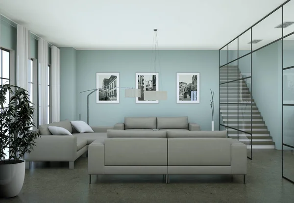 现代简约型客厅内饰在阁楼设计风格与沙发 — 图库照片