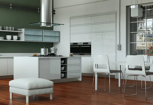 Cozinha moderna branca em um loft com um belo design — Fotografia de Stock