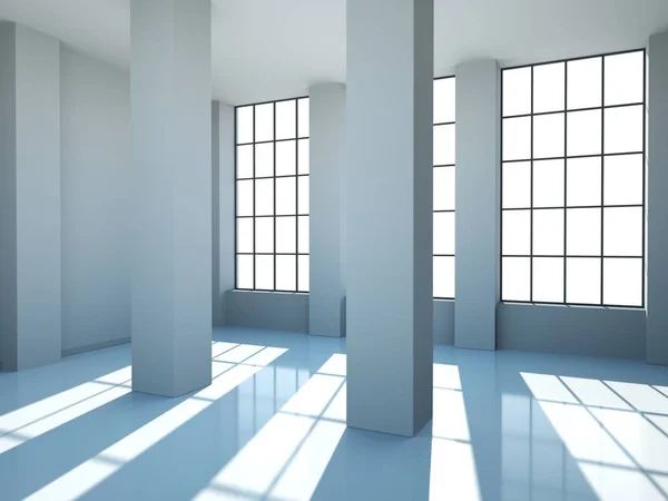 Пустой зал с белыми стенами, окнами и бетоном — стоковое фото