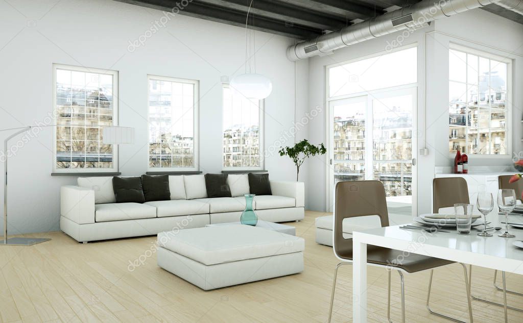 Modern minimalist living room interior in loft design style with sofas