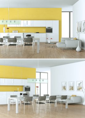 Modern beyaz mutfak iç tasarım iki kez bakıldı