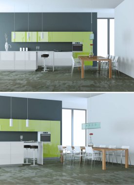 İki modern yeşil mutfak iç tasarım görünümünü