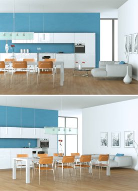 İki modern mavi mutfak iç tasarım görünümünü