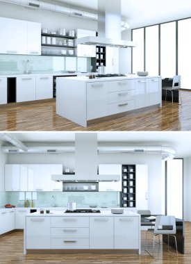 Modern beyaz mutfak iç tasarım iki kez bakıldı