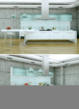 Modern beyaz mutfak iç tasarım iki kez bakıldı