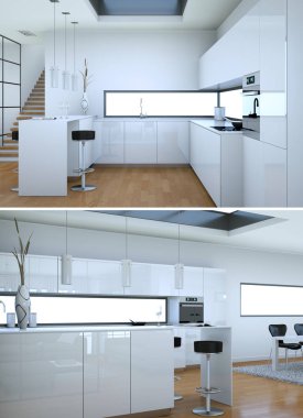Modern beyaz mutfak iç tasarım iki kez bakıldı