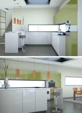 Modern beyaz mutfak iç tasarım iki kez bakıldı