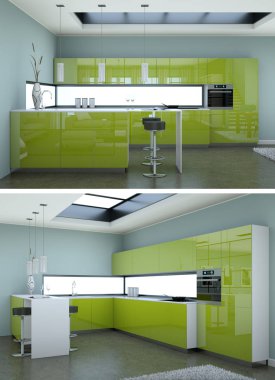 İki modern yeşil mutfak iç tasarım görünümünü