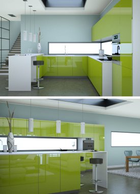 İki modern yeşil mutfak iç tasarım görünümünü
