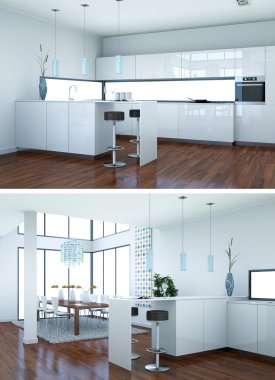 Modern beyaz mutfak iç tasarım iki kez bakıldı