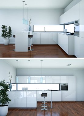 Modern beyaz mutfak iç tasarım iki kez bakıldı