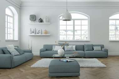 Modern parlak skandinavian iç tasarım oturma odası