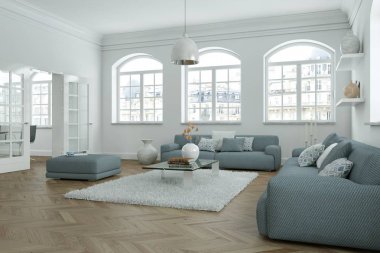 Modern parlak skandinavian iç tasarım oturma odası