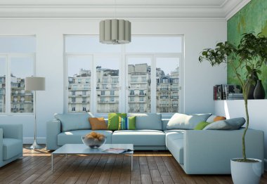 Modern parlak skandinavian iç tasarım oturma odası