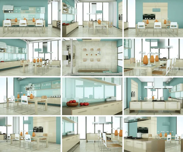 Комплект кухонь в современном дизайне интерьера — стоковое фото