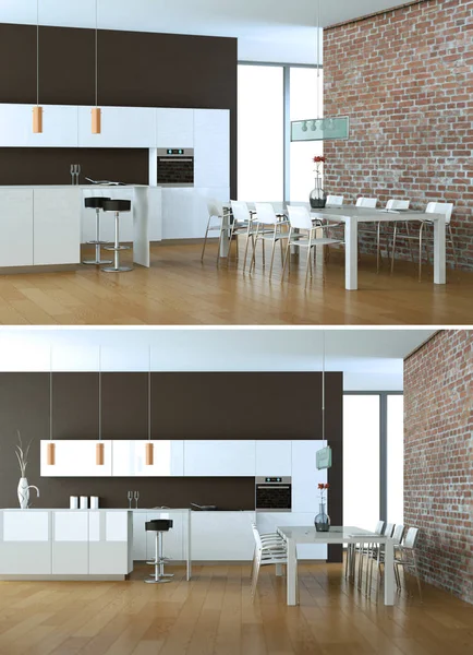 Modern beyaz mutfak iç tasarım iki kez bakıldı