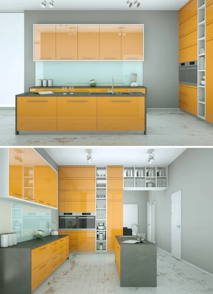 Deux vues de la cuisine jaune moderne Design intérieur — Photo