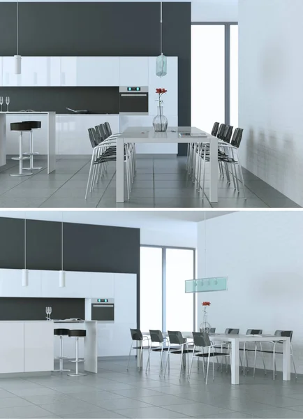 Twee weergaven van moderne witte keuken interieur — Stockfoto