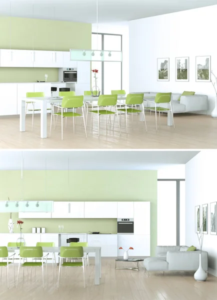 Dos vistas de la cocina verde moderna Diseño de interiores — Foto de Stock