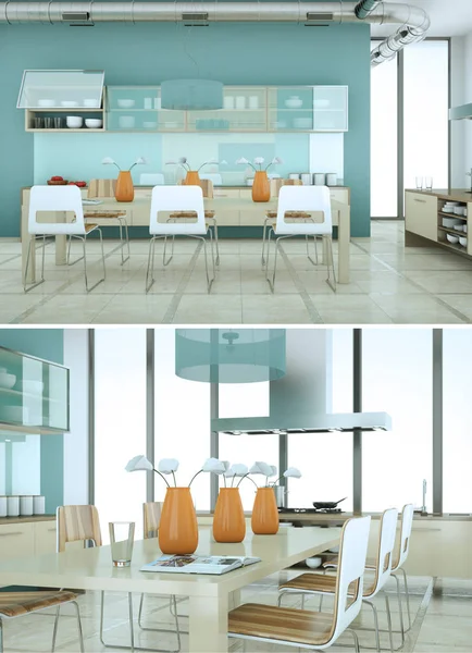 Twee weergaven van moderne blauwe keuken interieur — Stockfoto