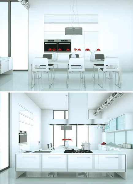 Dwa widoki nowoczesna kuchnia biała projektowanie wnętrz — Zdjęcie stockowe
