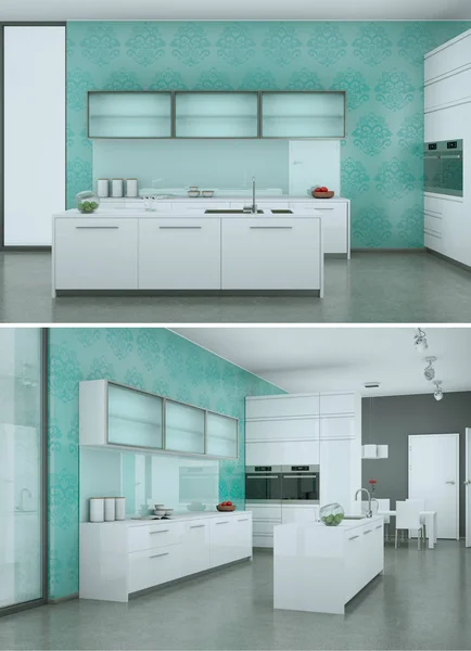 Dwa widoki nowoczesna kuchnia biała projektowanie wnętrz — Zdjęcie stockowe