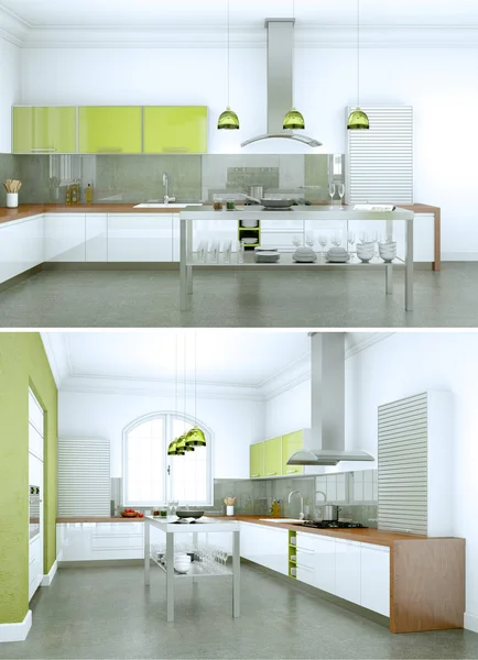 Два вида на современную белую кухню — стоковое фото