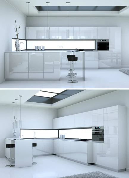 현대 흰색 부엌 인테리어 디자인의 두 가지 뷰 — 스톡 사진