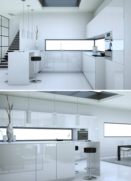 Twee weergaven van moderne witte keuken interieur — Stockfoto