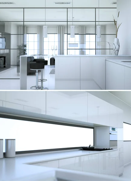 Dos vistas de la cocina blanca moderna Diseño de interiores — Foto de Stock