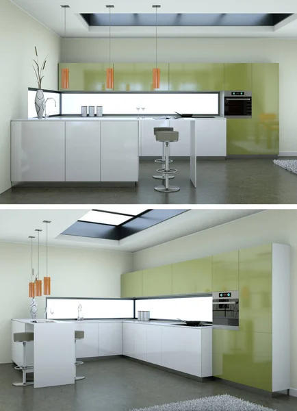 Dos vistas de la cocina blanca moderna Diseño de interiores — Foto de Stock