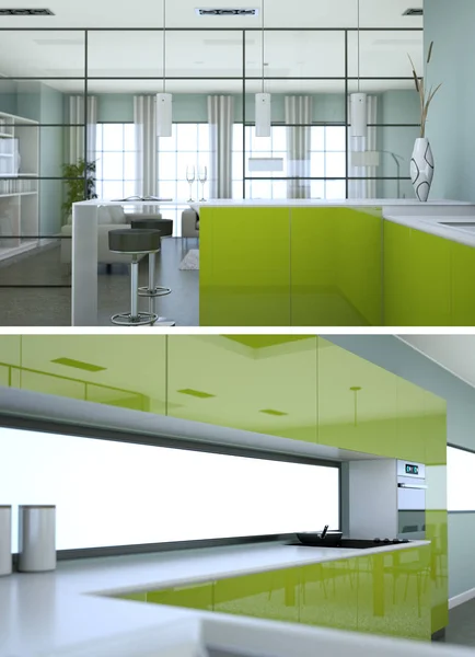 モダンなグリーンのキッチン インテリア デザインの 2 つのビュー — ストック写真