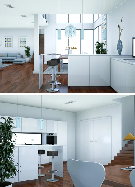 Deux vues de cuisine blanche moderne Design d'intérieur — Photo