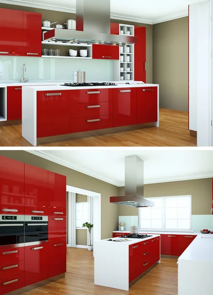 Zwei Ansichten moderner roter Kücheneinrichtung — Stockfoto