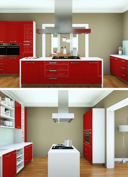 Dos vistas de la cocina roja moderna Diseño de interiores — Foto de Stock