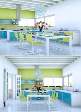 İki modern mavi mutfak iç tasarım görünümünü