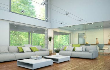 Kanepe ve yemek masası ile modern parlak çatı iç tasarım