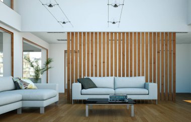 Modern aydınlık oturma odası iç tasarım kanepeler ile